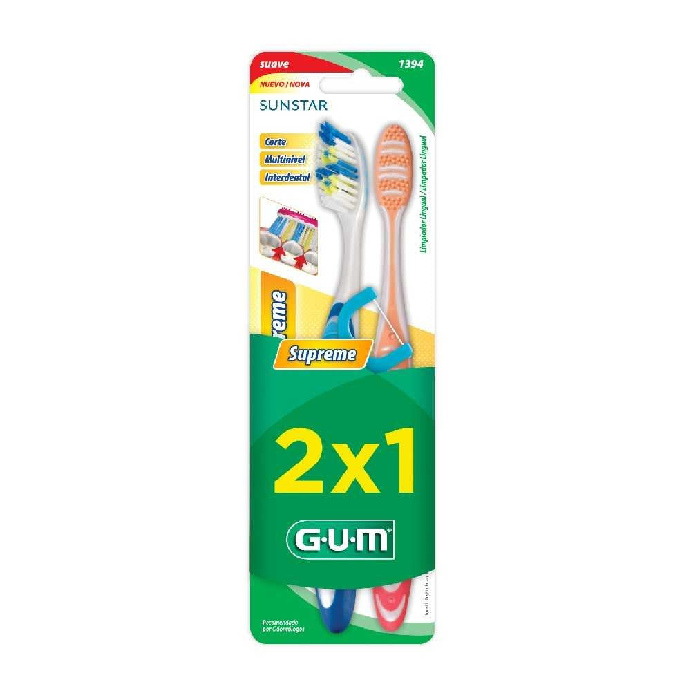 Gum Supreme Soft Toothbrush 2X1 (2 Units Ea.) | Soft Bristles | Ergonomic Design | Compact Size | Indicator Bristles | Hypoallergenic Bristles